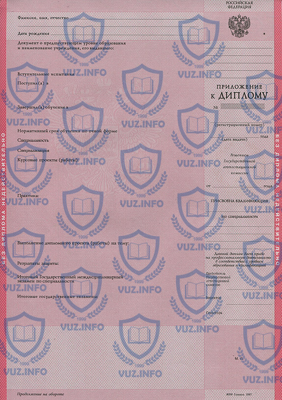 Приложение к диплому техникума, колледжа 1997 1998 1999 2000 2001 годов